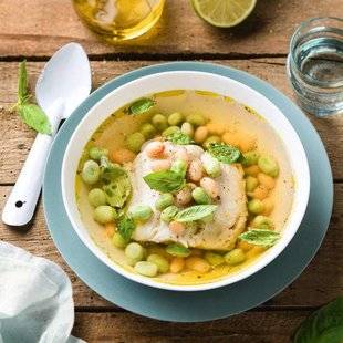 Pleine Vie 394 Filets de merlus au citron, haricots et fèves