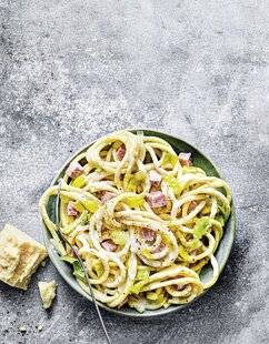 Marmiton 79 Bucatinis à la crème de parmesan, aux poireaux et aux dés de jambon