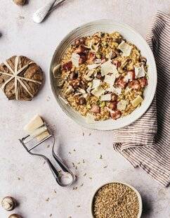 Marmiton 79 Risotto d'épeautre au fromage de chèvre et au jambon grillé