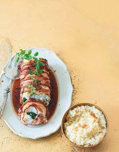 Marmiton 80 Rôti de cabillaud au lard fumé, sauce au miel et risotto au safran