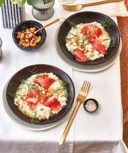 Marmiton 86 Risotto à la truite fumée, condiment gingembre et noix de cajou truffées