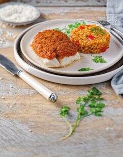 Marmiton 88 Dos de cabillaud en croûte de chorizo et parmesan, riz au safran façon paella