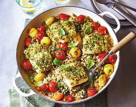 Marmiton 91 Cabillaud en croûte de pesto, riz et tomates cerise rôties