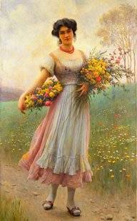 Les Veillées des Chaumières 3378 Jeune Fille cueillant des fleurs - Eugen von BLAAS (1843- 1931) - Galerie Mensing - Hamm-Rhynern (Allemagne)
