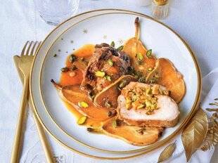 Gourmand 512 FILET MIGNON DE VEAU FARCI AU BEAUFORT ET PISTACHES, POIRE CARAMÉLISÉE