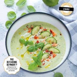 Gourmand 518 SOUPE CRÉMEUSE DE CONCOMBRE AU BASILIC, FETA PIMENTÉE
