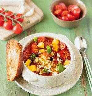 Gourmand 521 GASPACHO AUX TOMATES, PÊCHES, FETA ET BASILIC