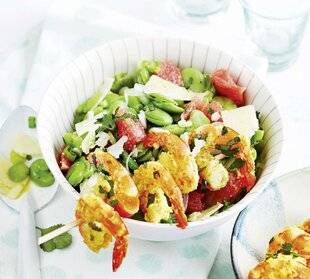 Gourmand 532 BROCHETTES DE GAMBAS AU YAOURT, SALADE DE FÈVES
